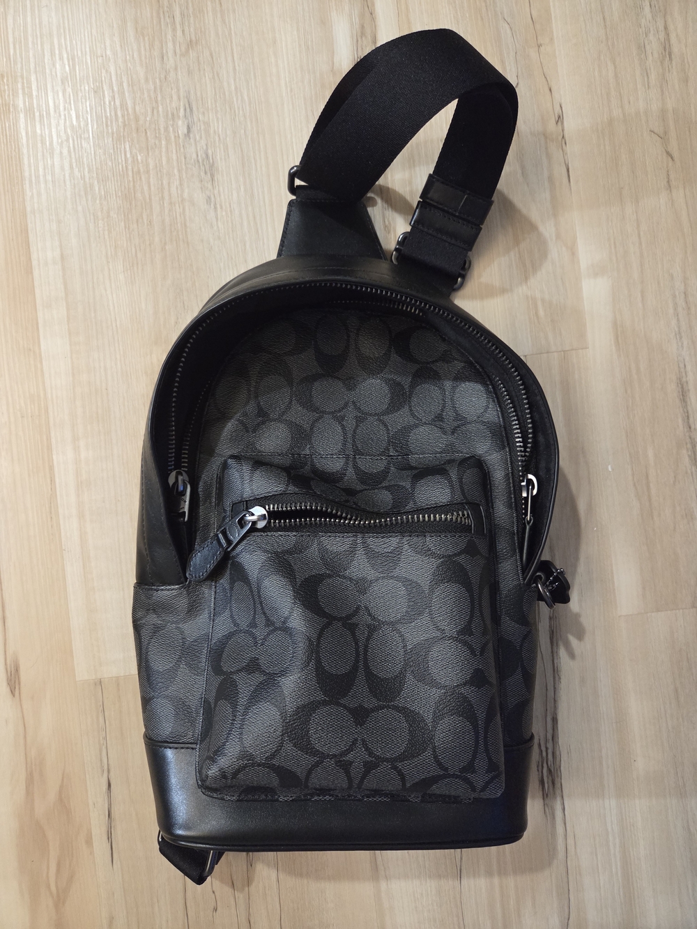 Coach Men's Black Signature Monogram Sling Backpack